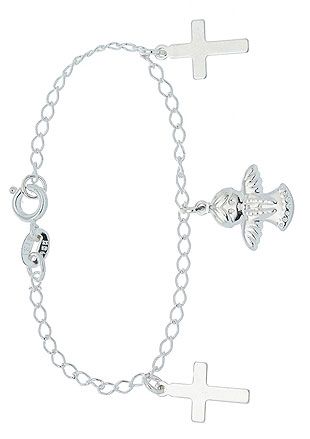 Pulseira infantil folheada a prata c/ crucifixos e anjinho